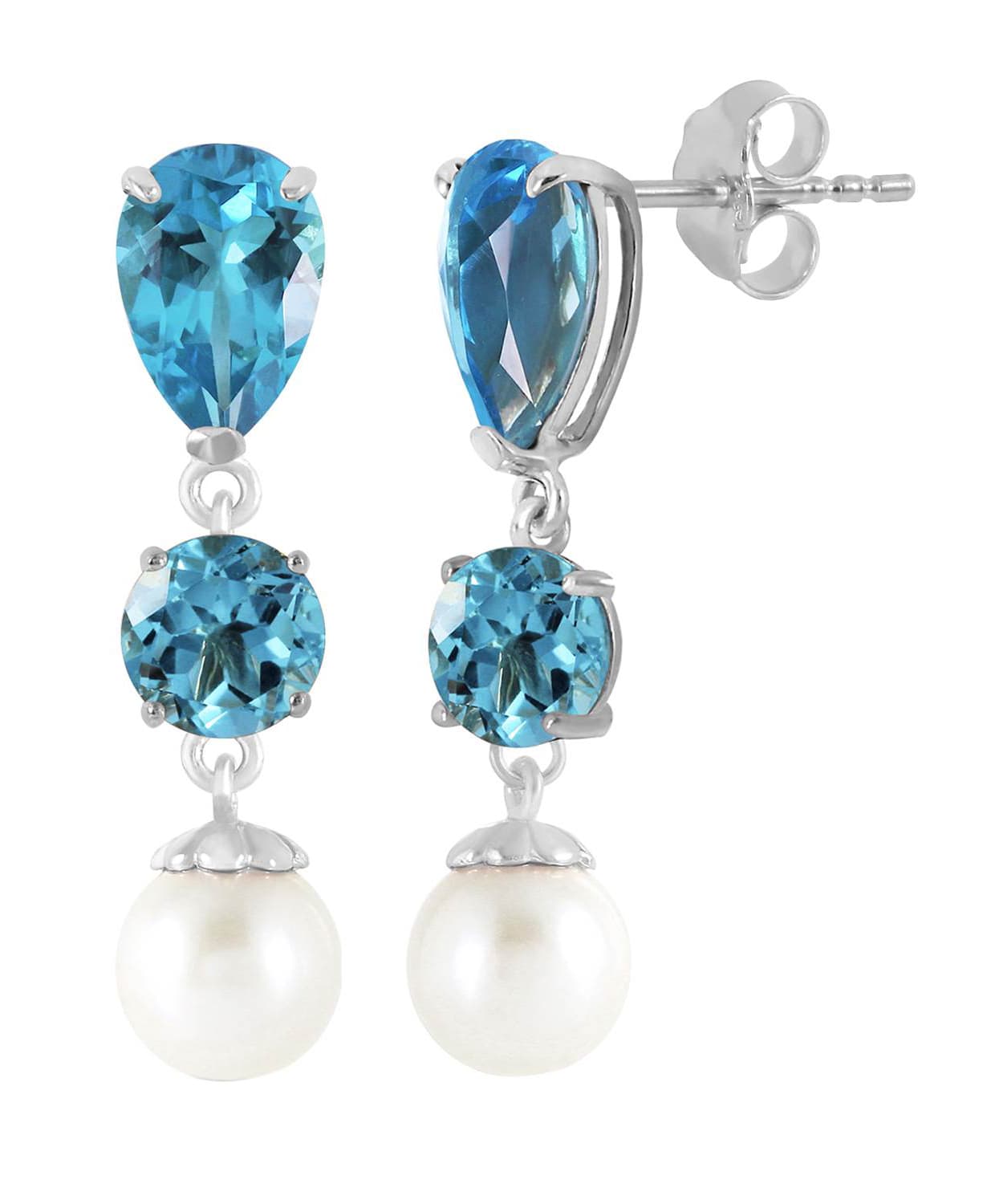 5.53 ctw Natural Swiss Blue Topaz and Freshwater Pearl 14k Gold Dangle Earrings View 4