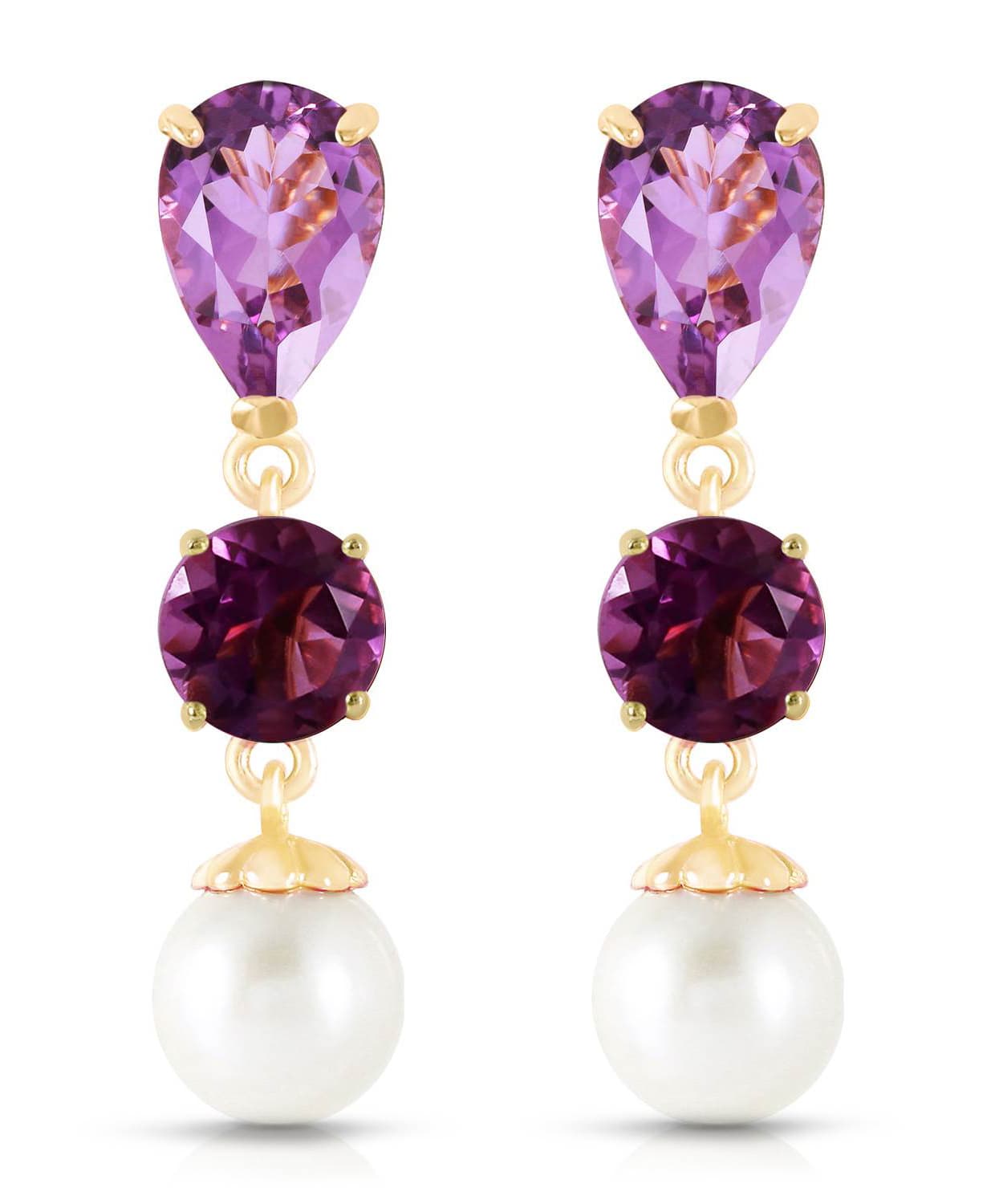 5.53 ctw Natural Amethyst and Freshwater Pearl 14k Gold Dangle Earrings View 1