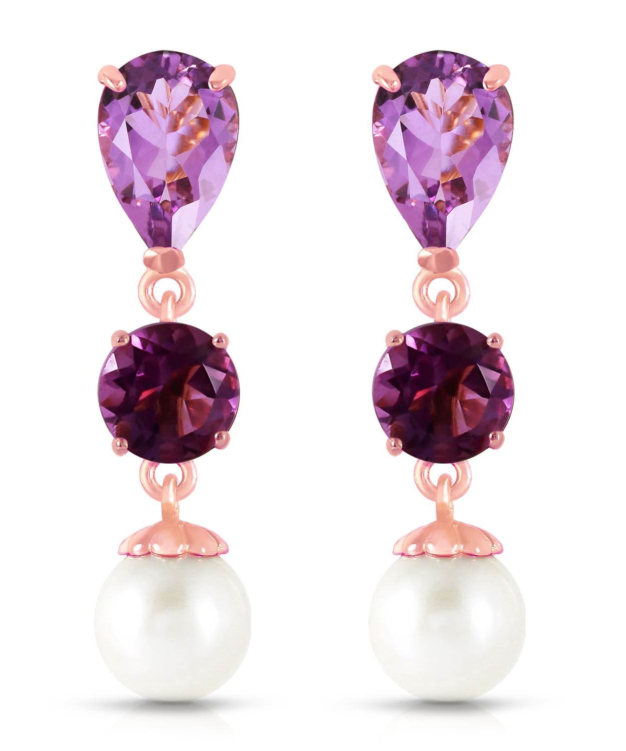 5.53 ctw Natural Amethyst and Freshwater Pearl 14k Gold Dangle Earrings View 5
