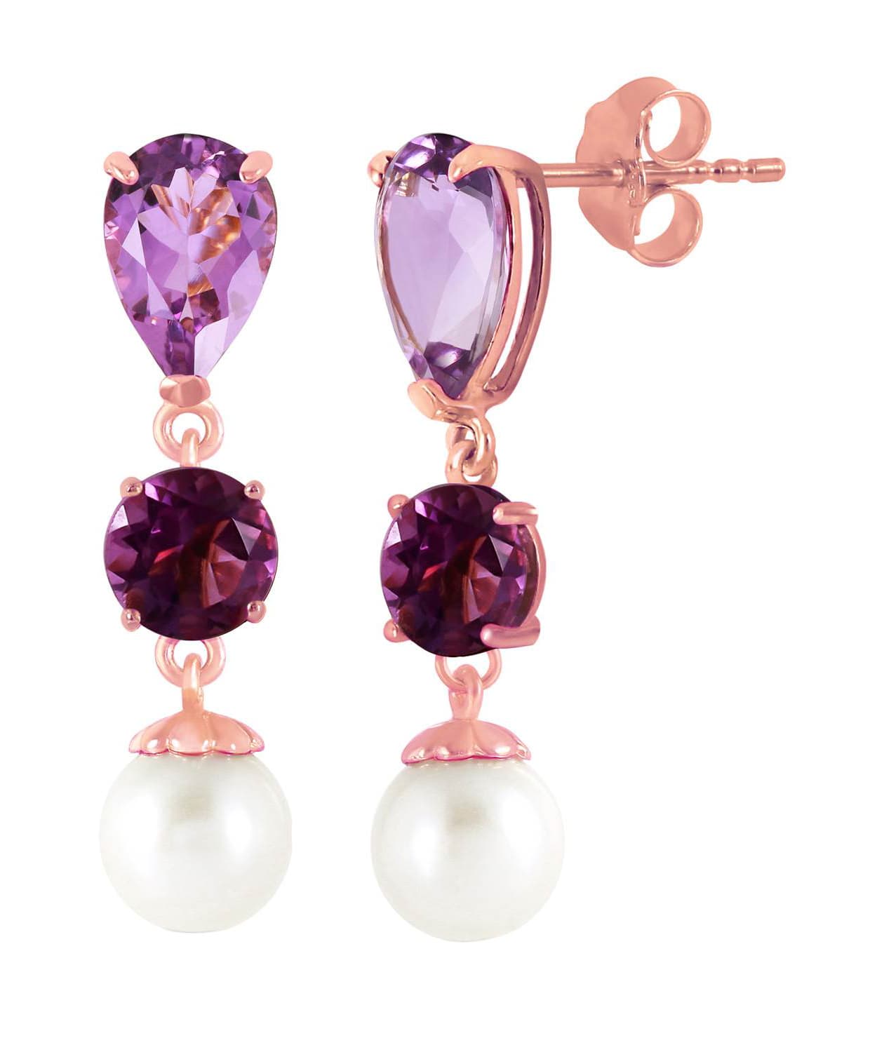 5.53 ctw Natural Amethyst and Freshwater Pearl 14k Gold Dangle Earrings View 6
