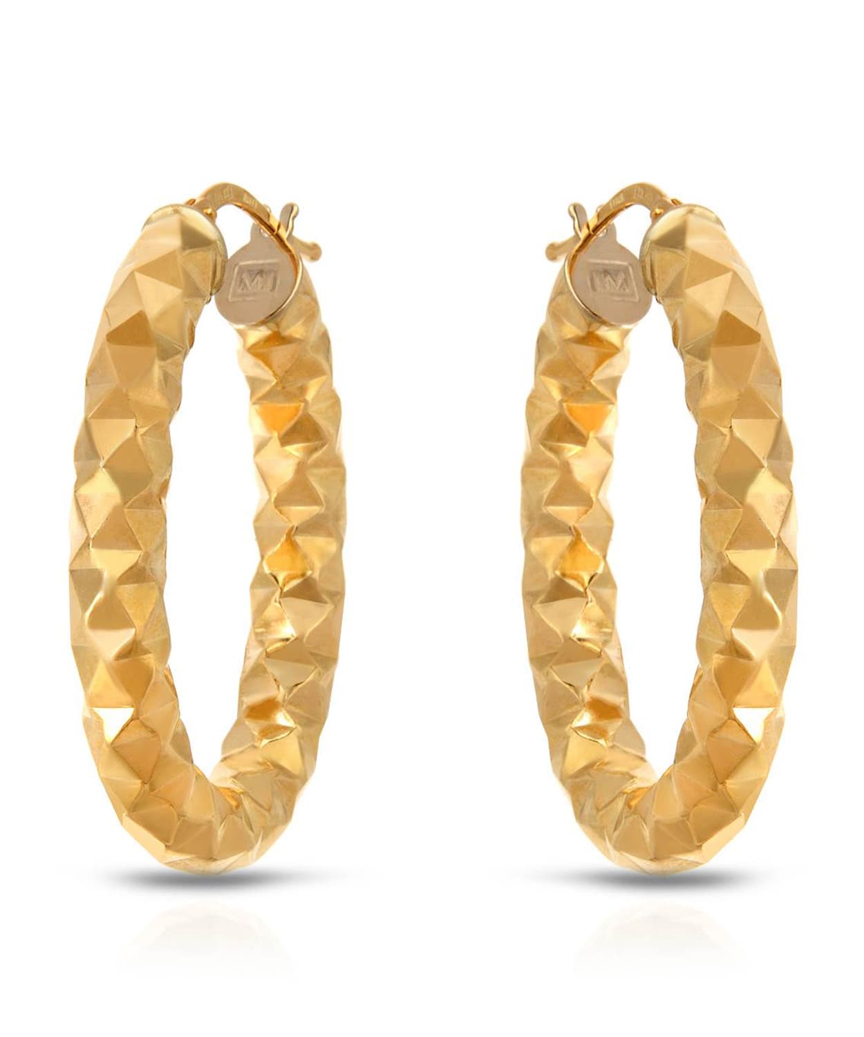 14k Yellow Gold Diamond Cut Oval Hoop Earrings View 1