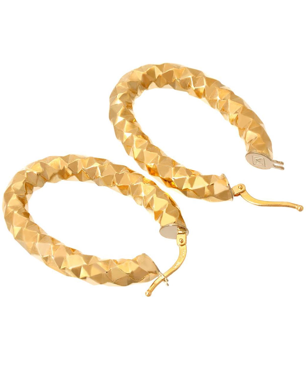 14k Yellow Gold Diamond Cut Oval Hoop Earrings View 2