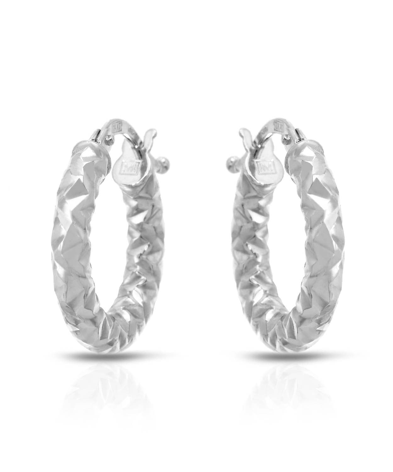 14k White Gold Diamond Cut Hoop Earrings View 1