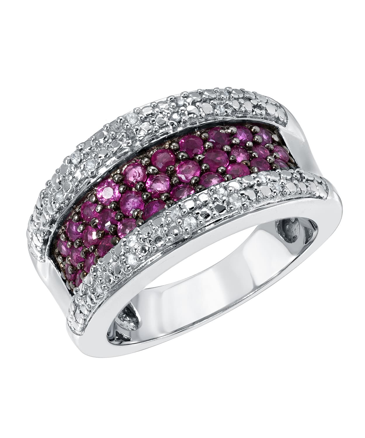 1.25 ctw Natural Raspberry Ruby and Diamond Rhodium Plated 925 Sterling Silver Pave Band View 1