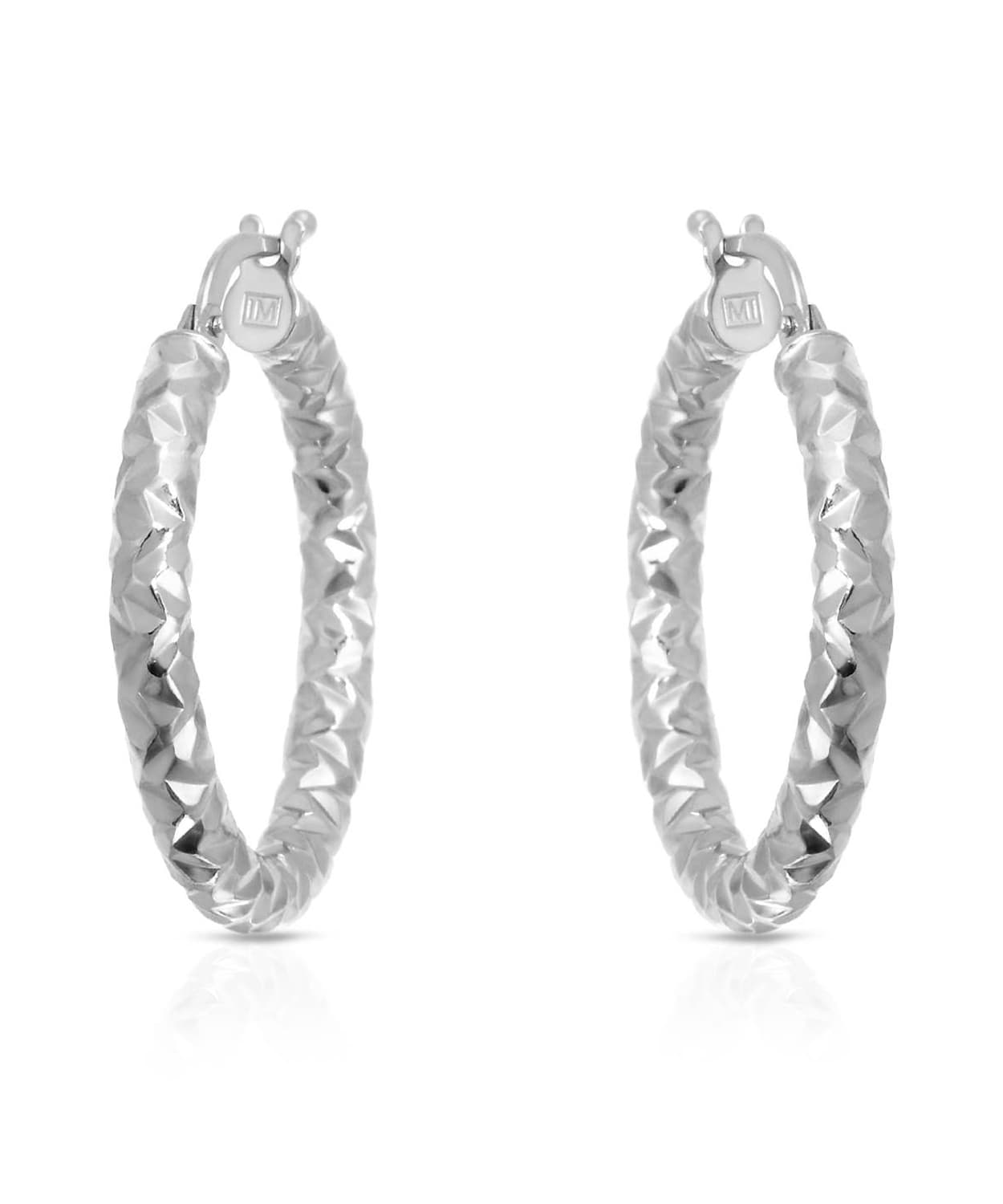14k White Gold Diamond Cut Hoop Earrings View 1