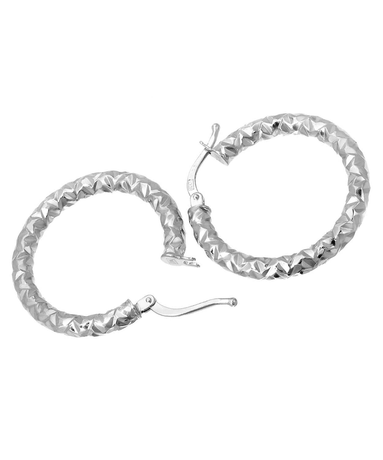 14k White Gold Diamond Cut Hoop Earrings View 2