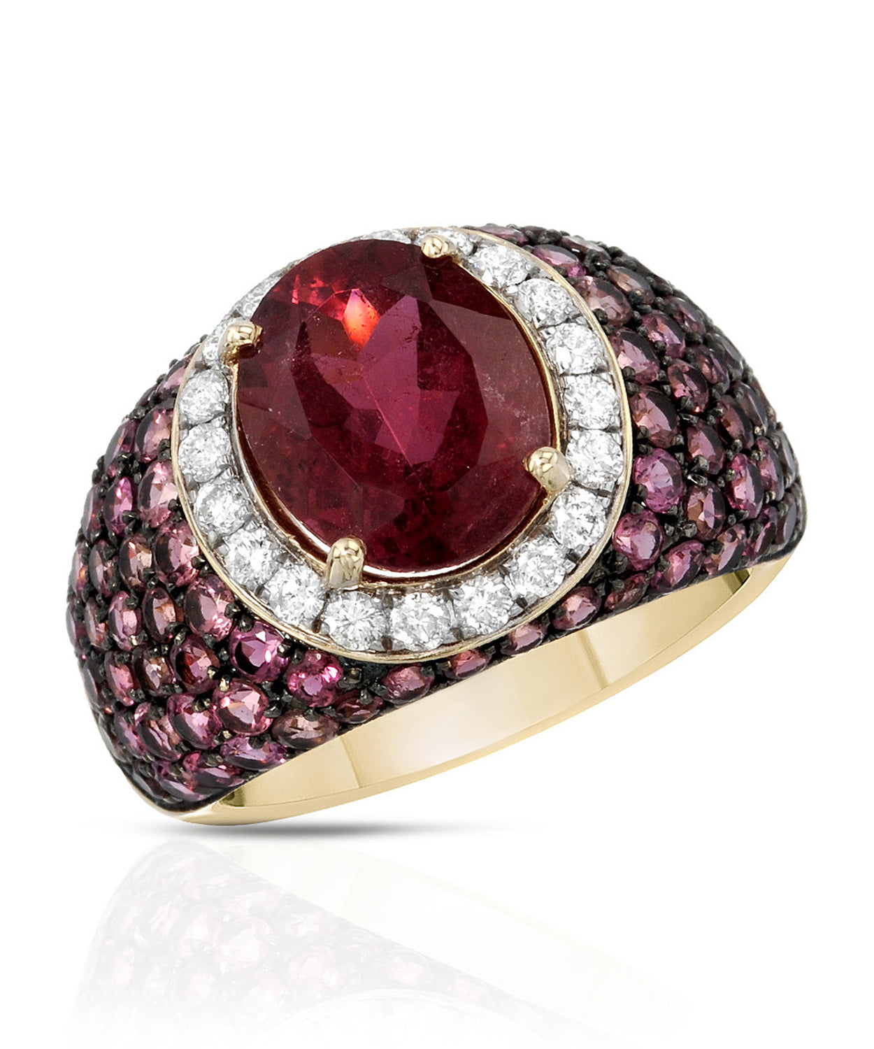 6.35 ctw Natural Rubellite, Tourmaline and Diamond 14k Gold Halo Cocktail Ring View 1