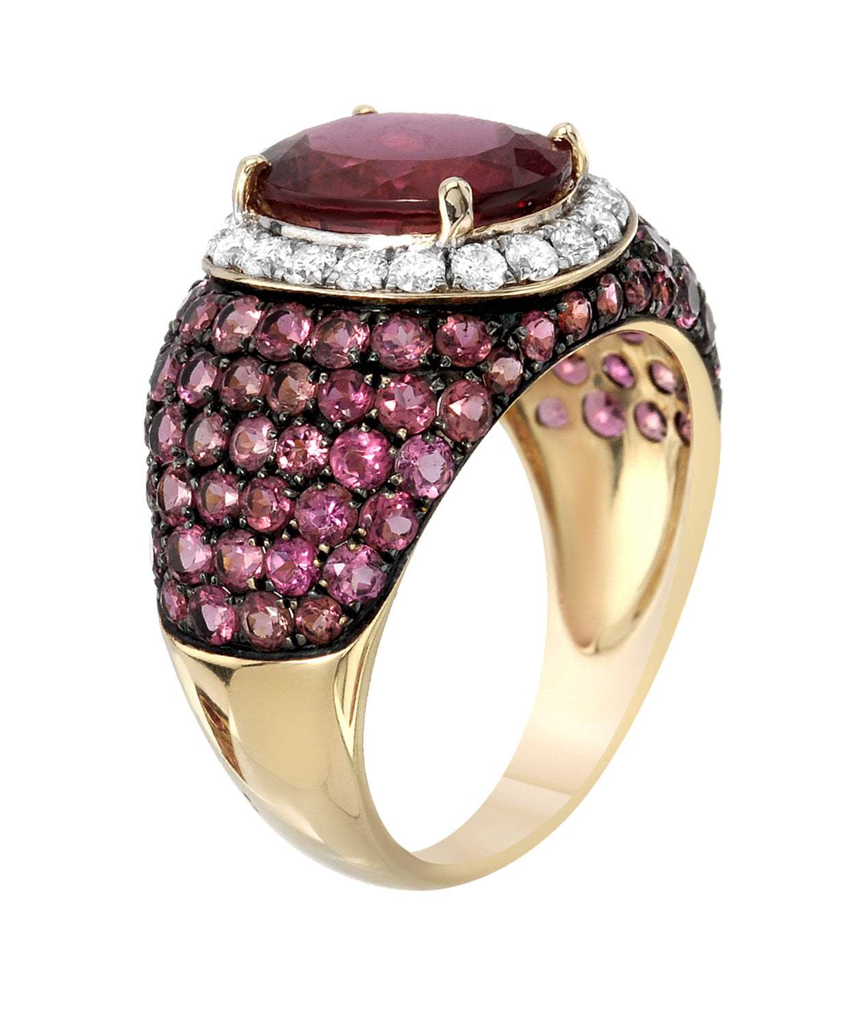 6.35 ctw Natural Rubellite, Tourmaline and Diamond 14k Gold Halo Cocktail Ring View 2