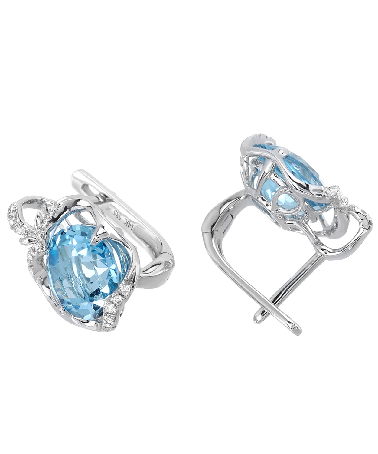 4.35 ctw Natural Swiss Blue Topaz and Diamond 14k Gold Apple Earrings View 2