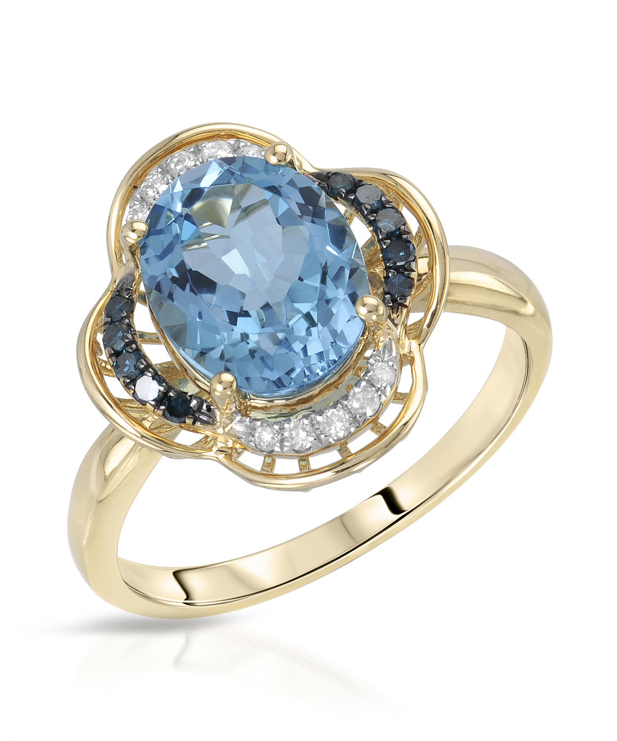 3.16 ctw Natural Swiss Blue Topaz, Fancy Blue & White Diamonds 14k Gold Flower Ring View 1