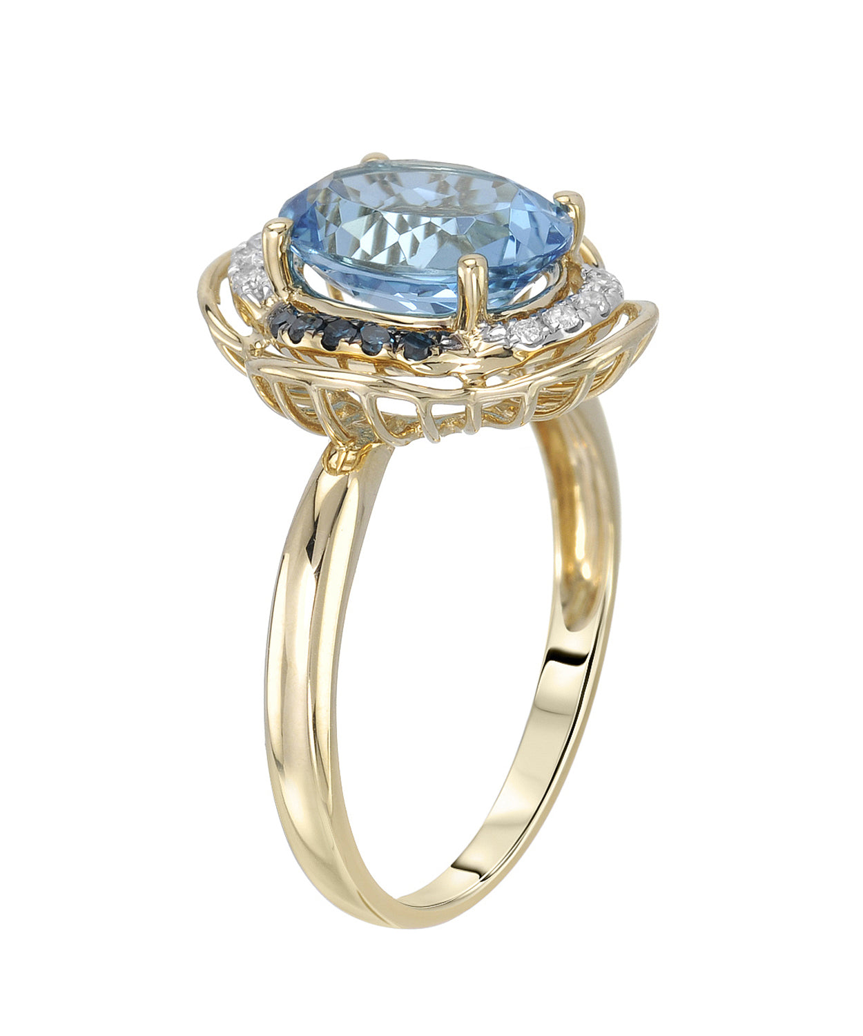 3.16 ctw Natural Swiss Blue Topaz, Fancy Blue & White Diamonds 14k Gold Flower Ring View 2