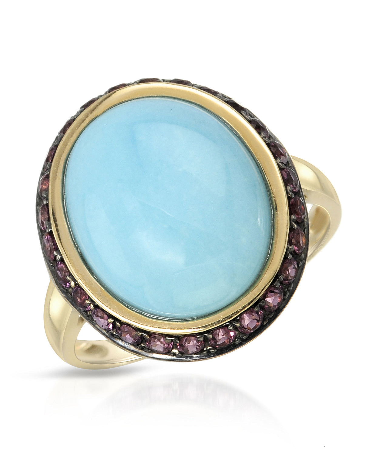 7.32 ctw Natural Sky Blue Turquoise and Rhodolite Garnet 14k Gold Oval Ring View 1