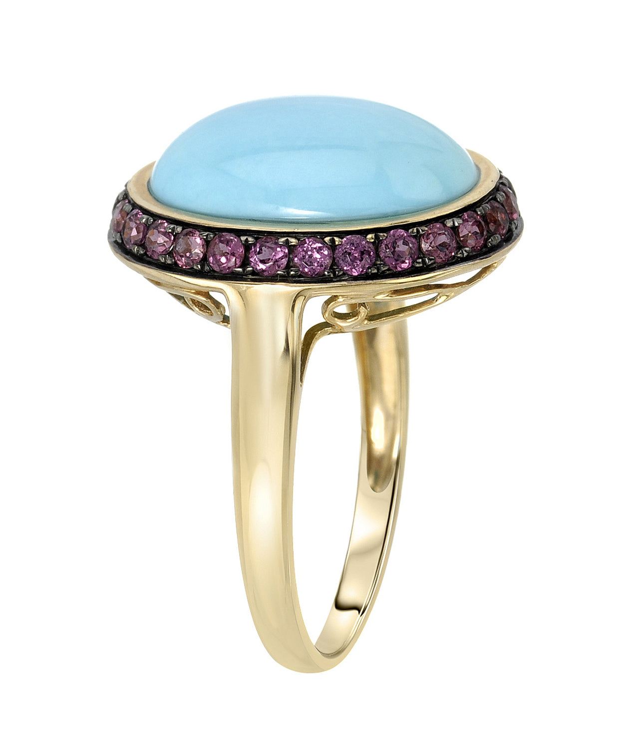 7.32 ctw Natural Sky Blue Turquoise and Rhodolite Garnet 14k Gold Oval Ring View 2