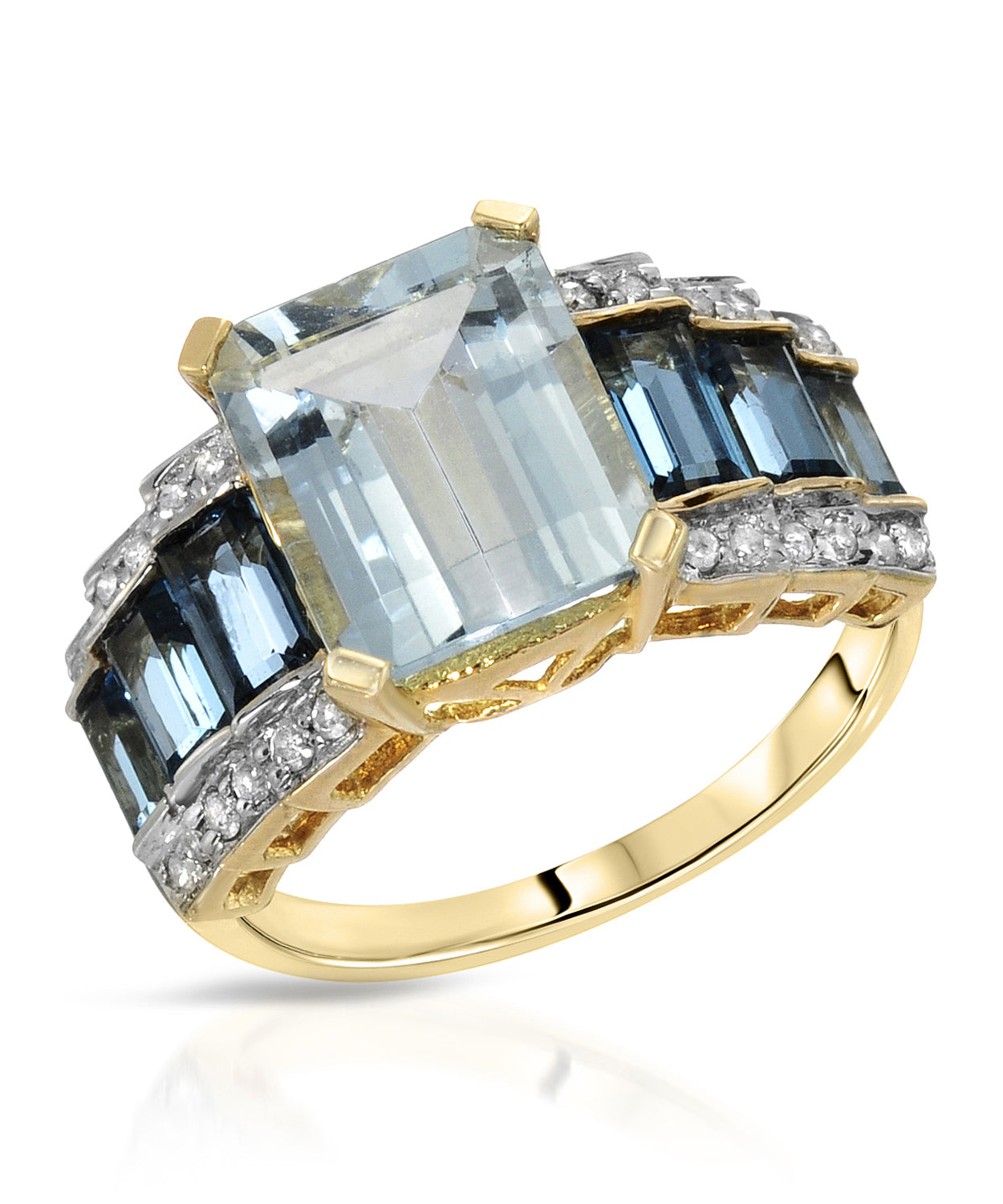 4.31 ctw Natural Icy Sky Blue Aquamarine, London Blue Topaz and Diamond 14k Gold Cocktail Ring View 1