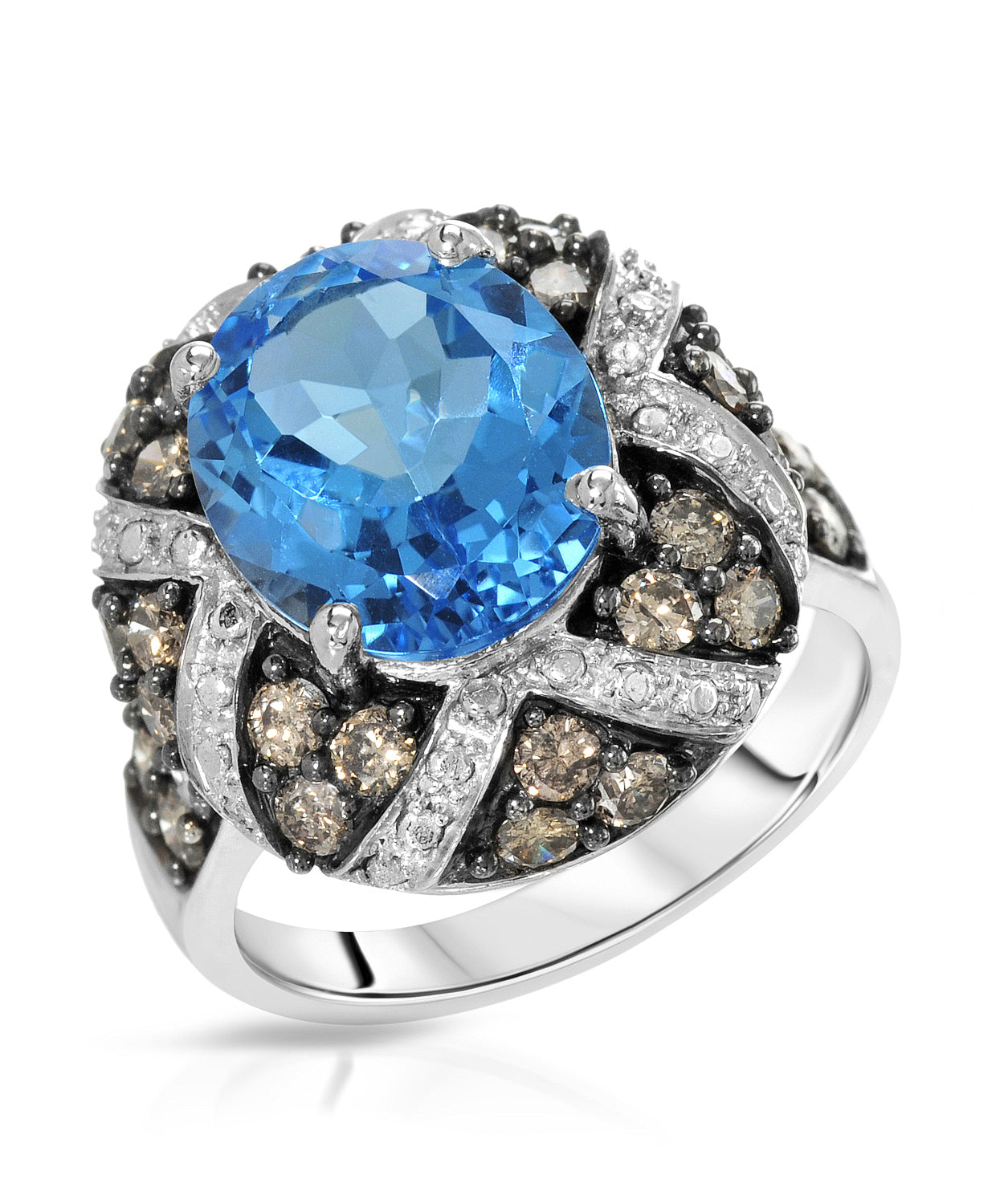 6.72 ctw Natural Swiss Blue Topaz and Champagne Diamond 14k Gold Right Hand Ring View 1