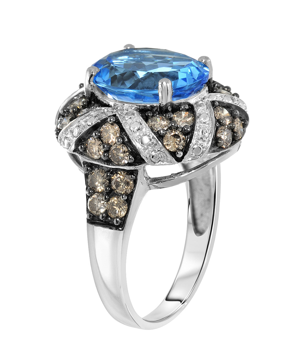 6.72 ctw Natural Swiss Blue Topaz and Champagne Diamond 14k Gold Right Hand Ring View 2