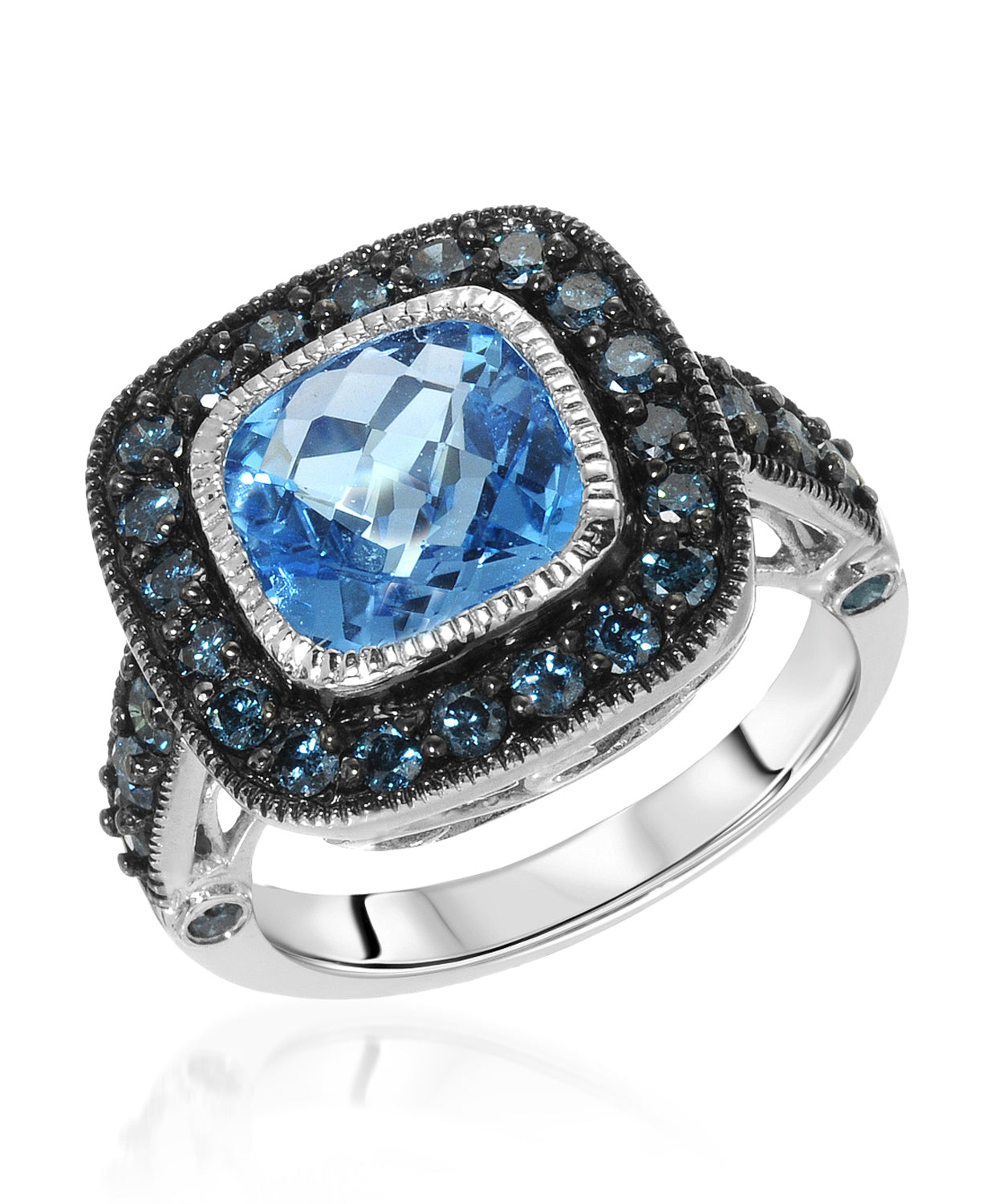 4.43 ctw Natural Swiss Blue Topaz and Fancy Blue Diamond 14k Gold Halo Right Hand Ring View 1