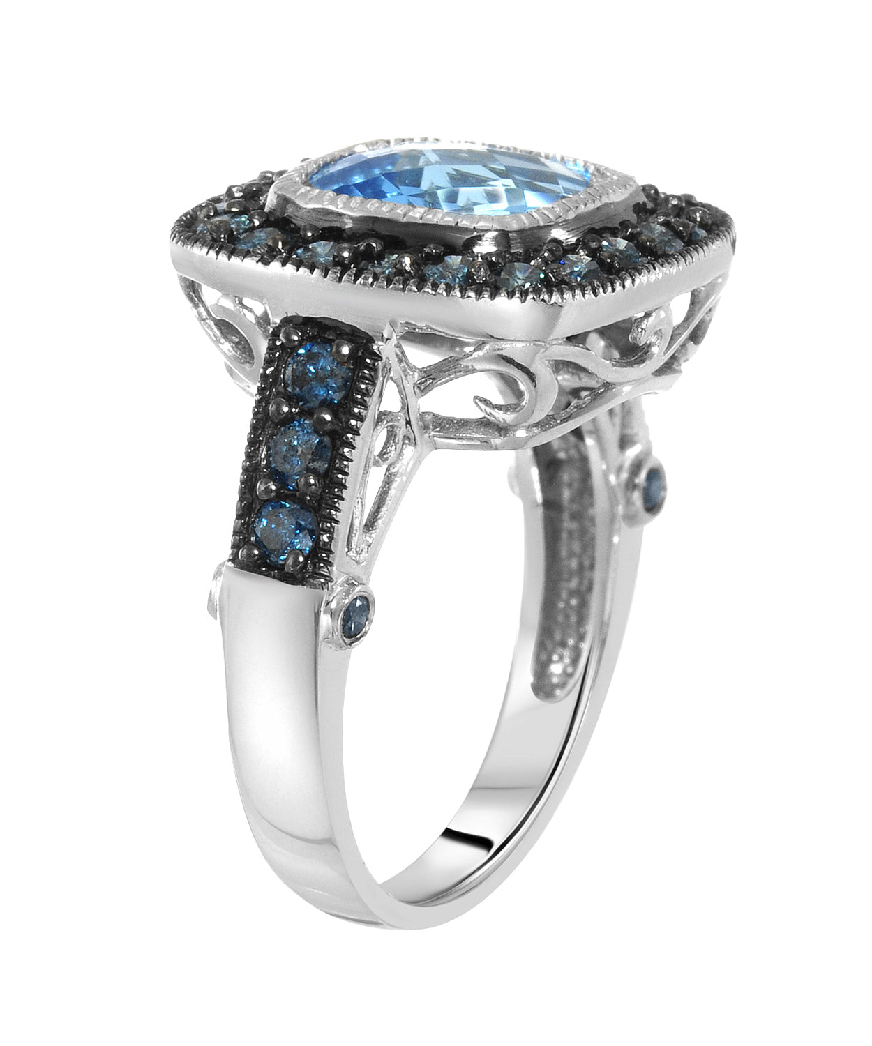 4.43 ctw Natural Swiss Blue Topaz and Fancy Blue Diamond 14k Gold Halo Right Hand Ring View 2
