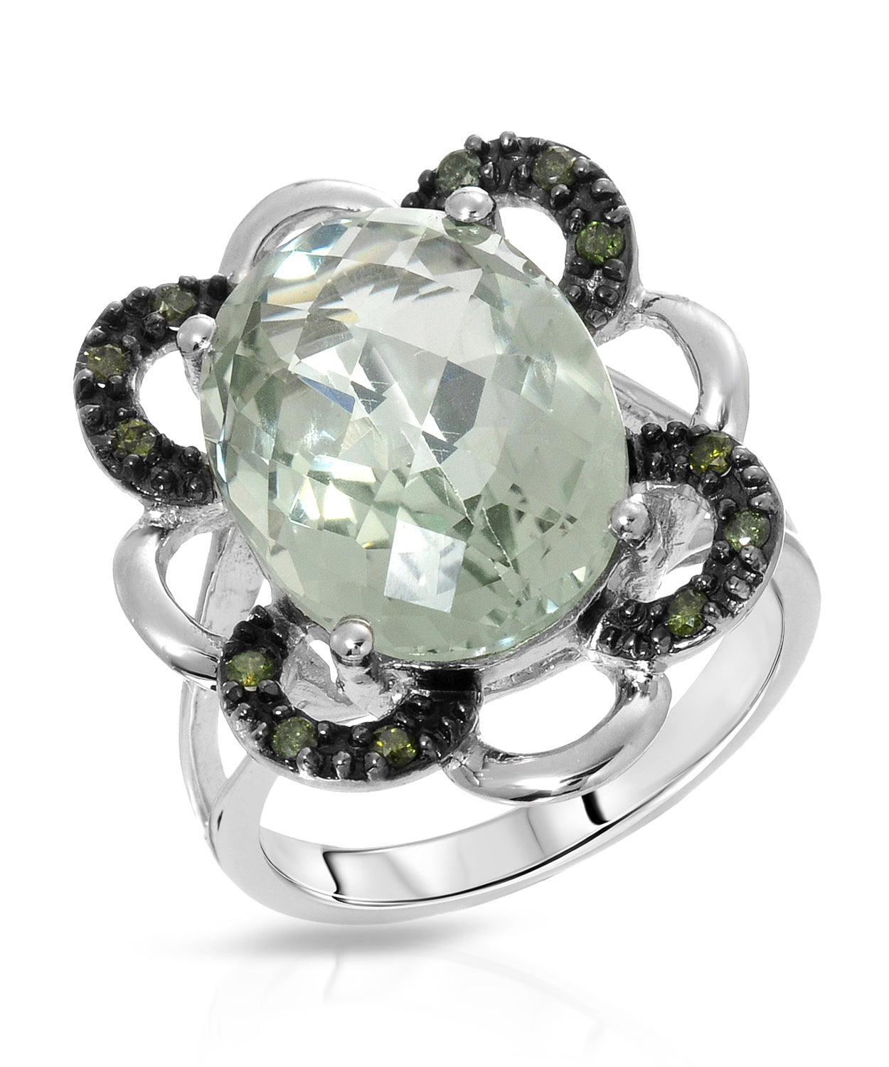 8.58 ctw Natural Green Amethyst and Fancy Green Diamond 14k Gold Flower Cocktail Ring View 1