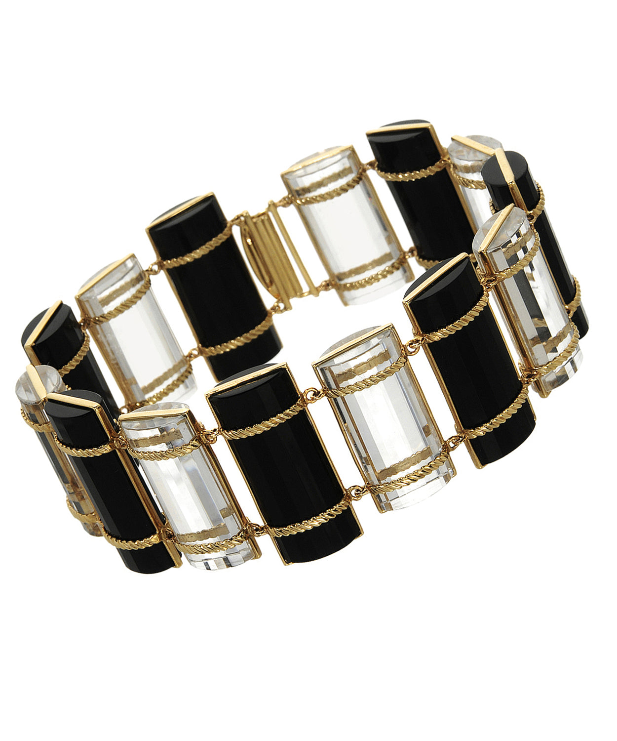 Glamour Collection 215.40 ctw Natural Black Onyx and Quartz 14k Yellow Gold Bar Bracelet View 1