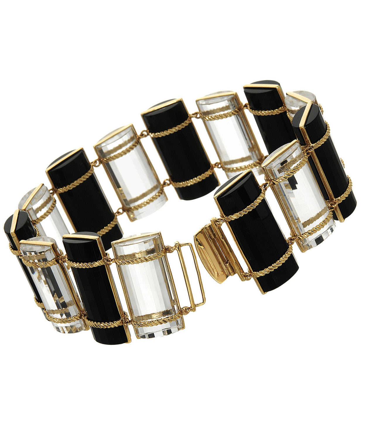 Glamour Collection 215.40 ctw Natural Black Onyx and Quartz 14k Yellow Gold Bar Bracelet View 2