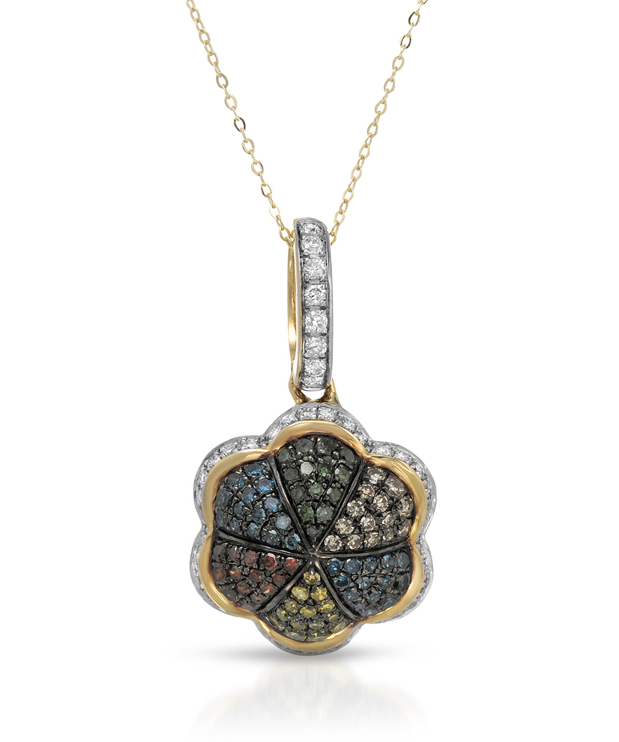 0.47 ctw Fancy Multicolor Diamonds and White Diamond 14k Gold Flower Pendant With Chain View 1