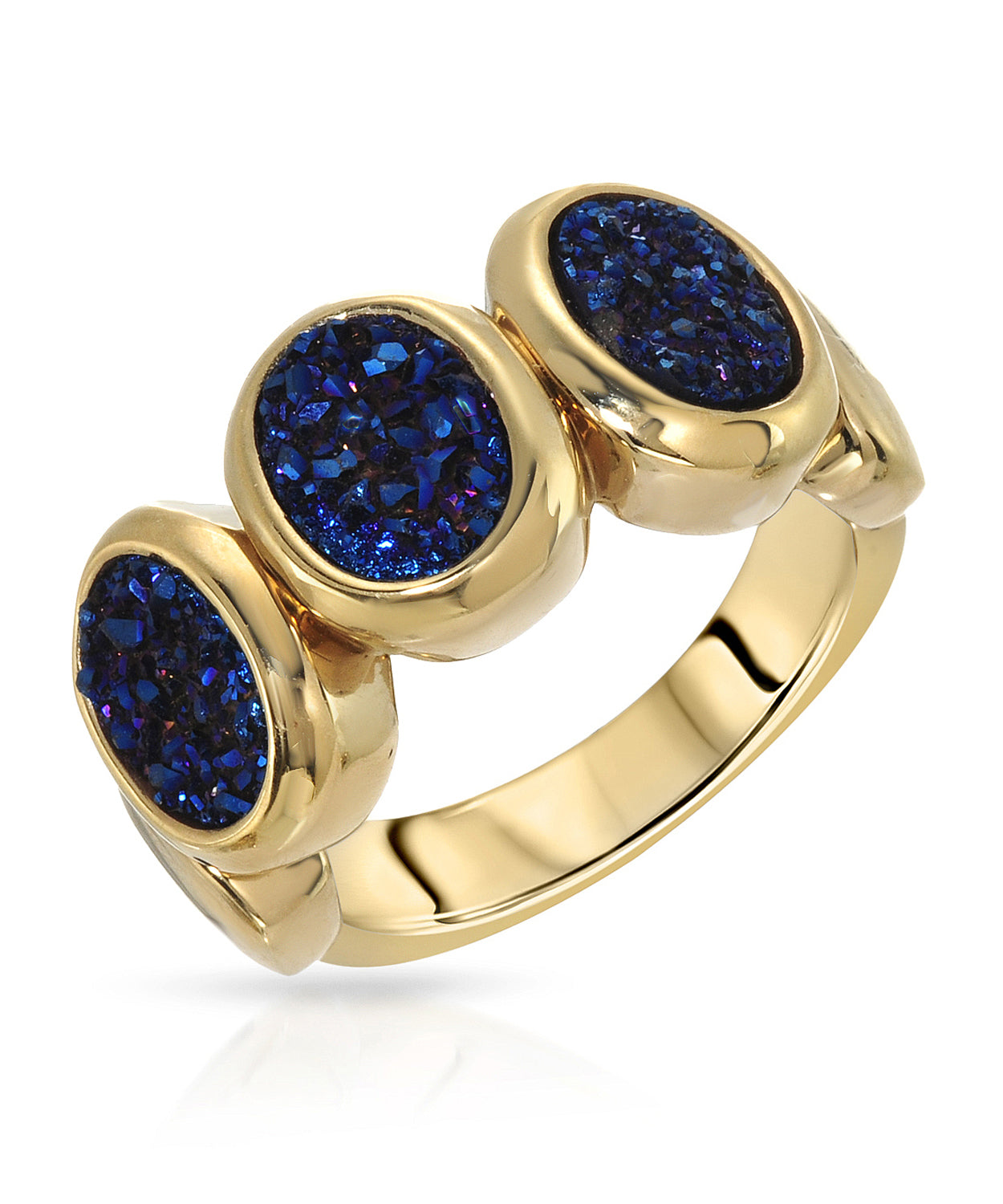 4.47 ctw Natural Blue Drusy Agate 14k Yellow Gold Electoform Three-Stone Ring View 1