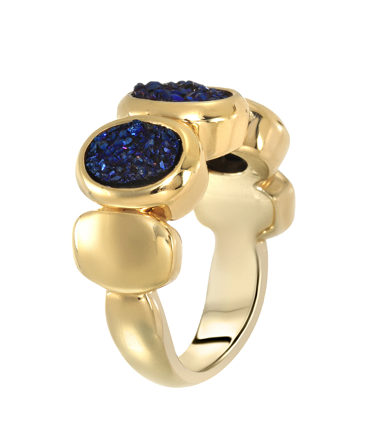 4.47 ctw Natural Blue Drusy Agate 14k Yellow Gold Electoform Three-Stone Ring View 2