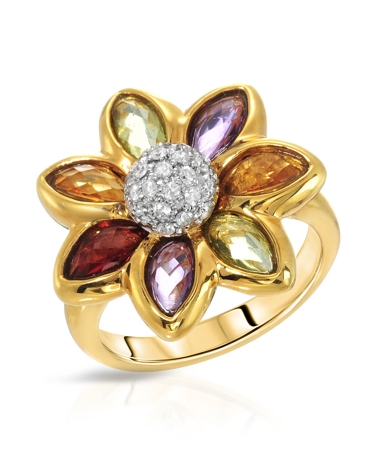 2.62 ctw Natural Spicy Red Garnet, Lime Peridot, Amethyst and Honey Citrine 14k Gold Electoform Flower Ring View 1
