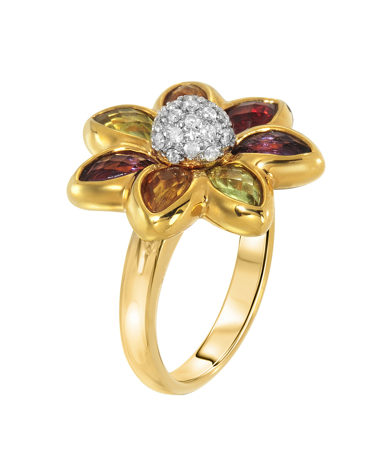 2.62 ctw Natural Spicy Red Garnet, Lime Peridot, Amethyst and Honey Citrine 14k Gold Electoform Flower Ring View 2