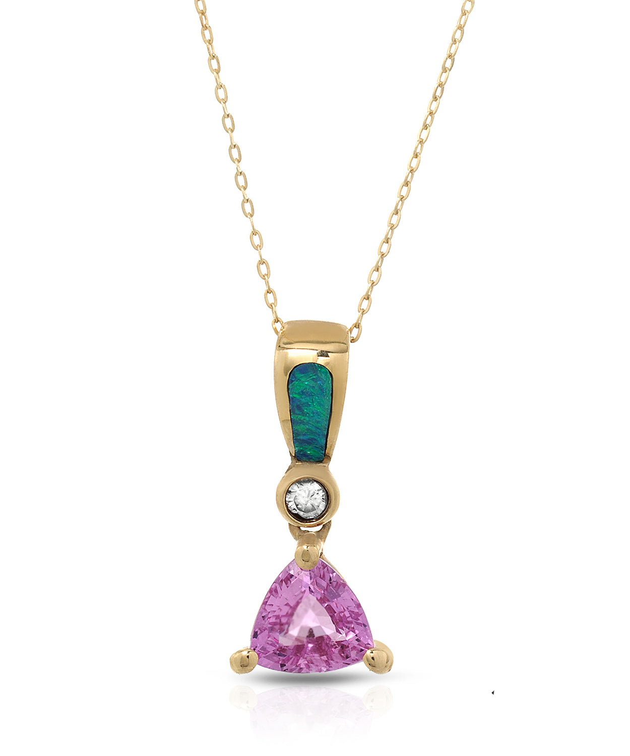 1.09 ctw Natural Pink Sapphire, Opal and Diamond 14k Gold Triangle Pendant With Chain View 1