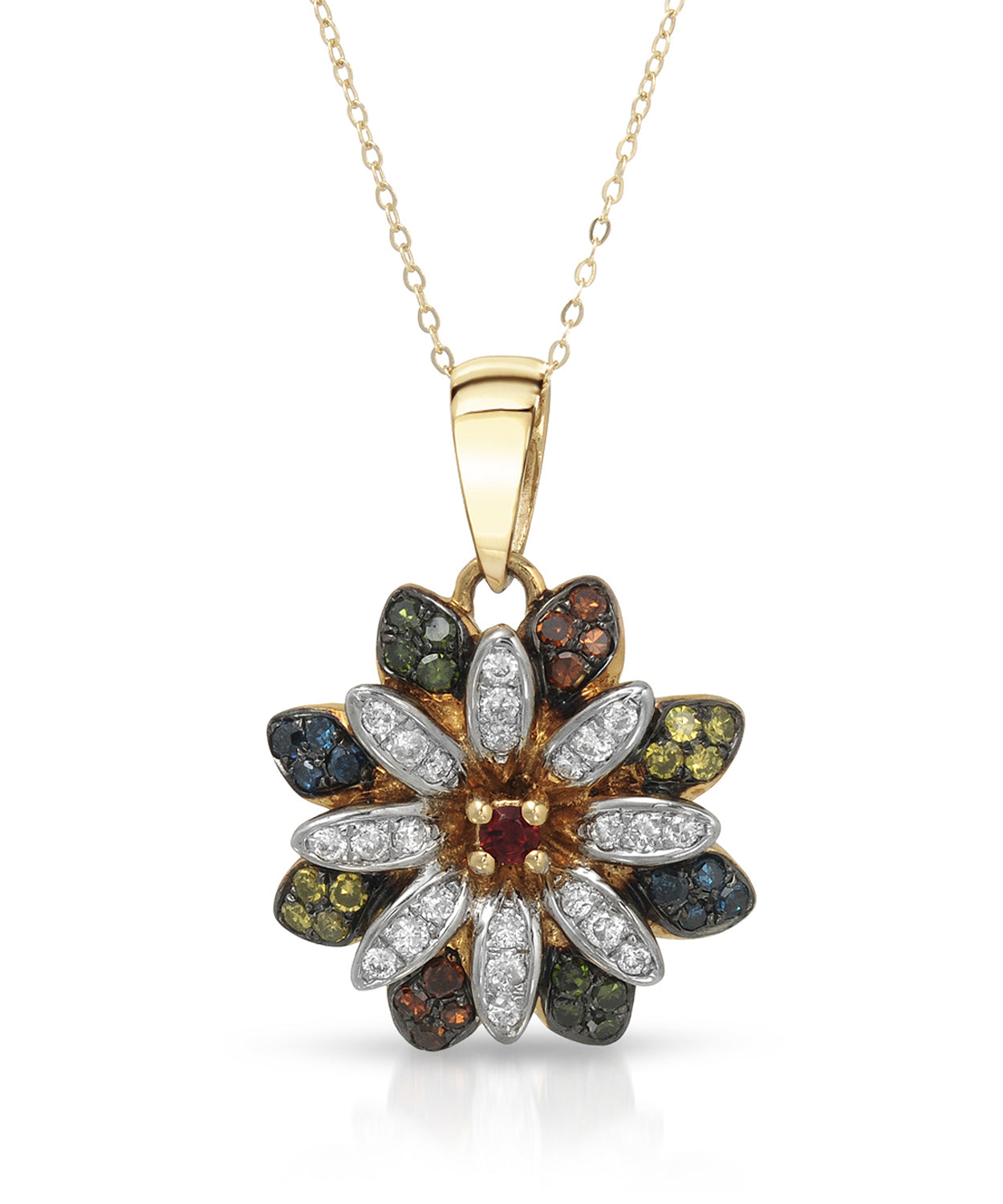0.30 ctw Natural Spicy Red Garnet & Fancy Multicolor Diamond 14k Gold Flower Pendant With Chain View 1