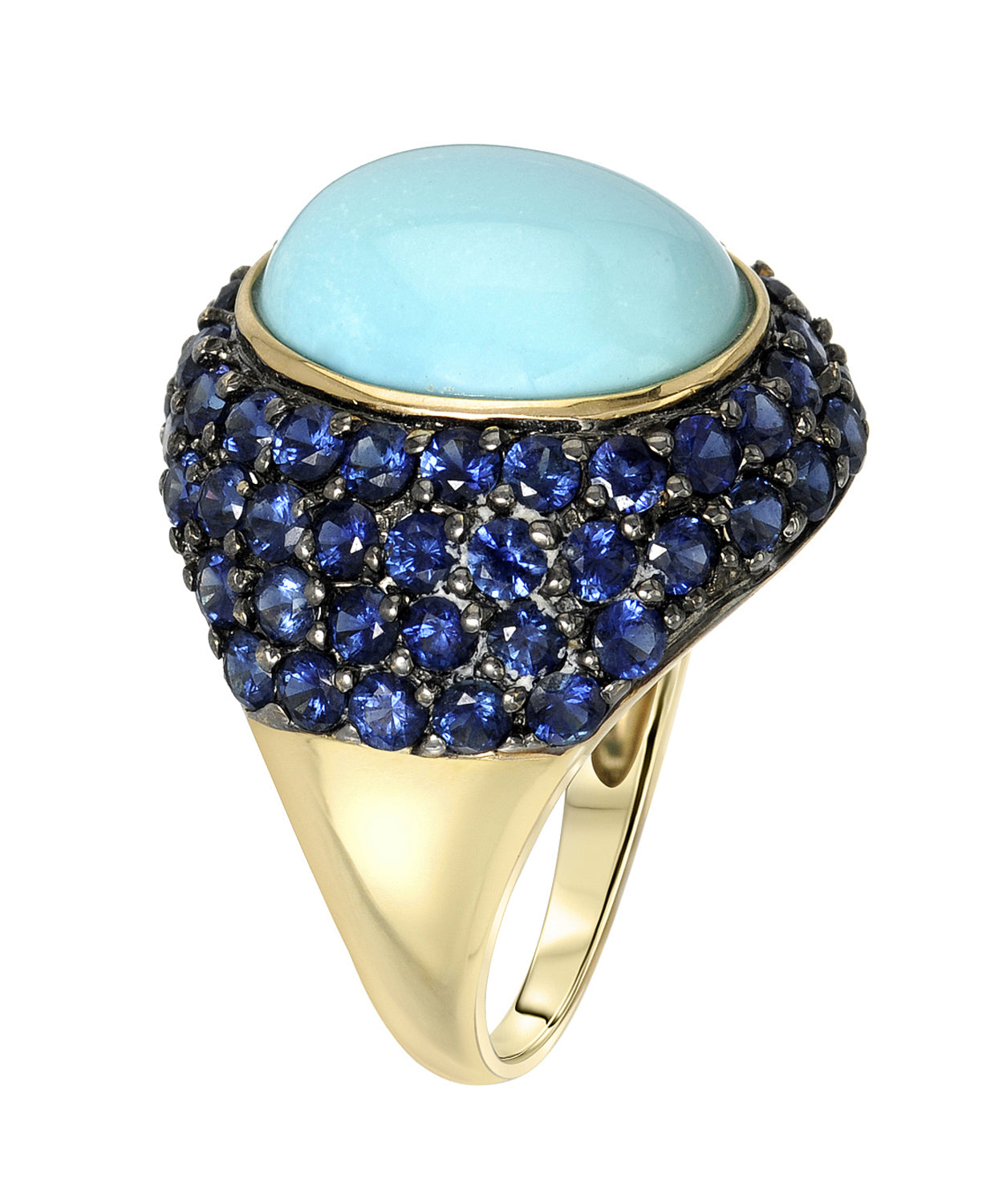 11.69 ctw Natural Turquoise and Royal Blue Sapphire 14k Gold Bold Cocktail Ring View 2