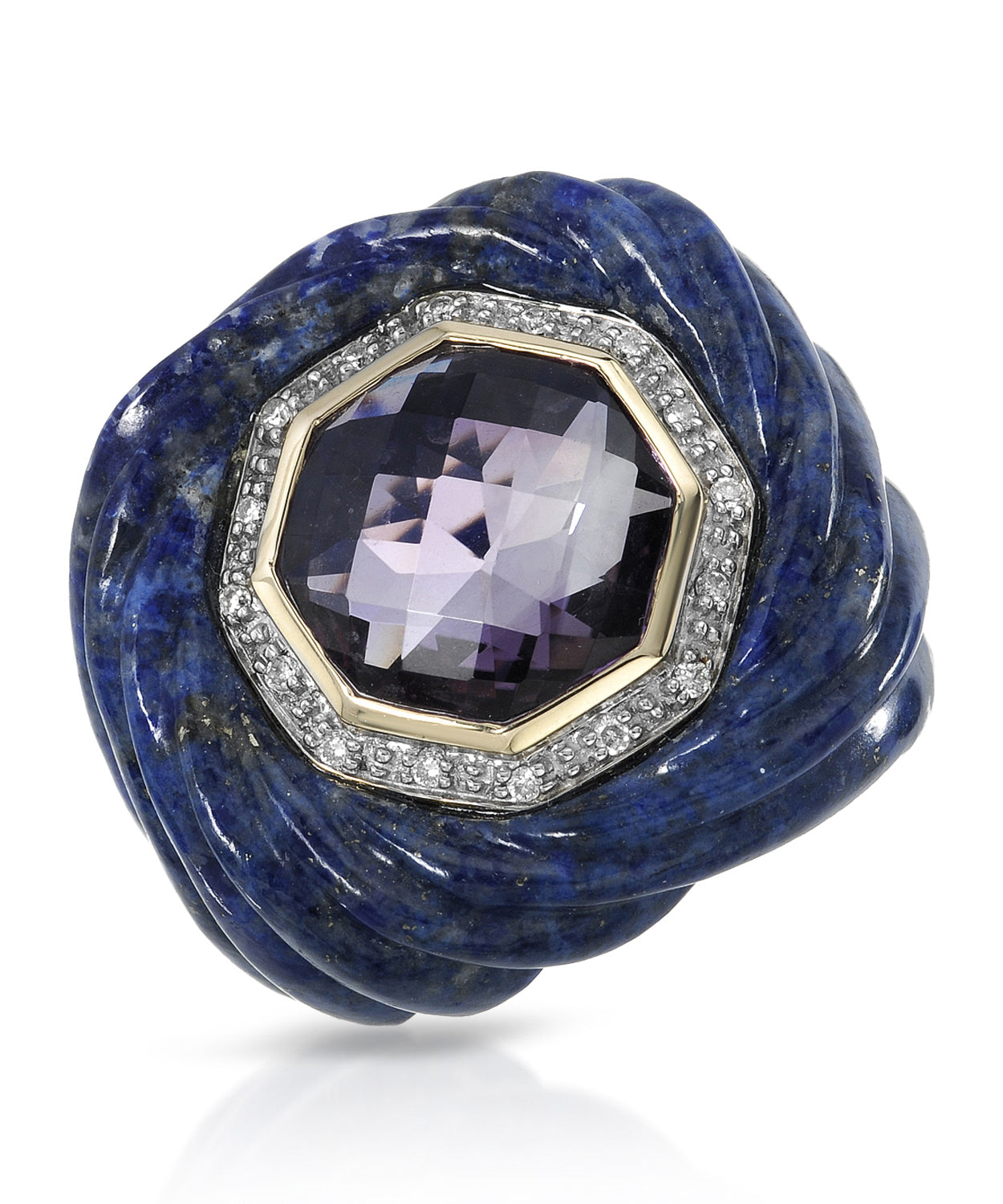 69.33 ctw Natural Lapis Lazuli, Amethyst and Diamond 14k Gold Bold Cocktail Ring View 1