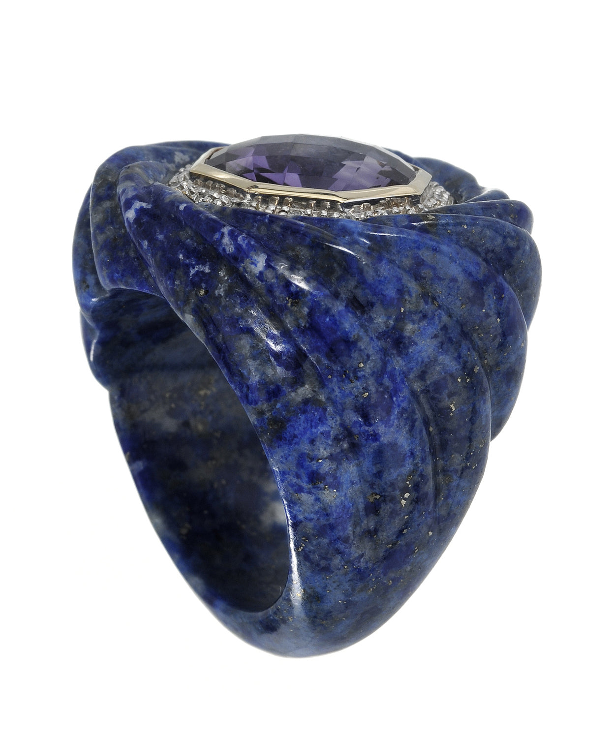 69.33 ctw Natural Lapis Lazuli, Amethyst and Diamond 14k Gold Bold Cocktail Ring View 2
