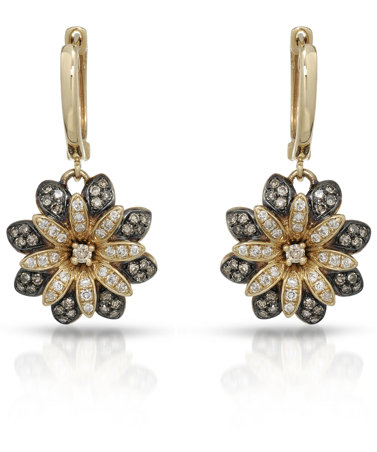 0.54 ctw Champagne and White Diamond 14k Gold Flower Dangle Earrings View 1