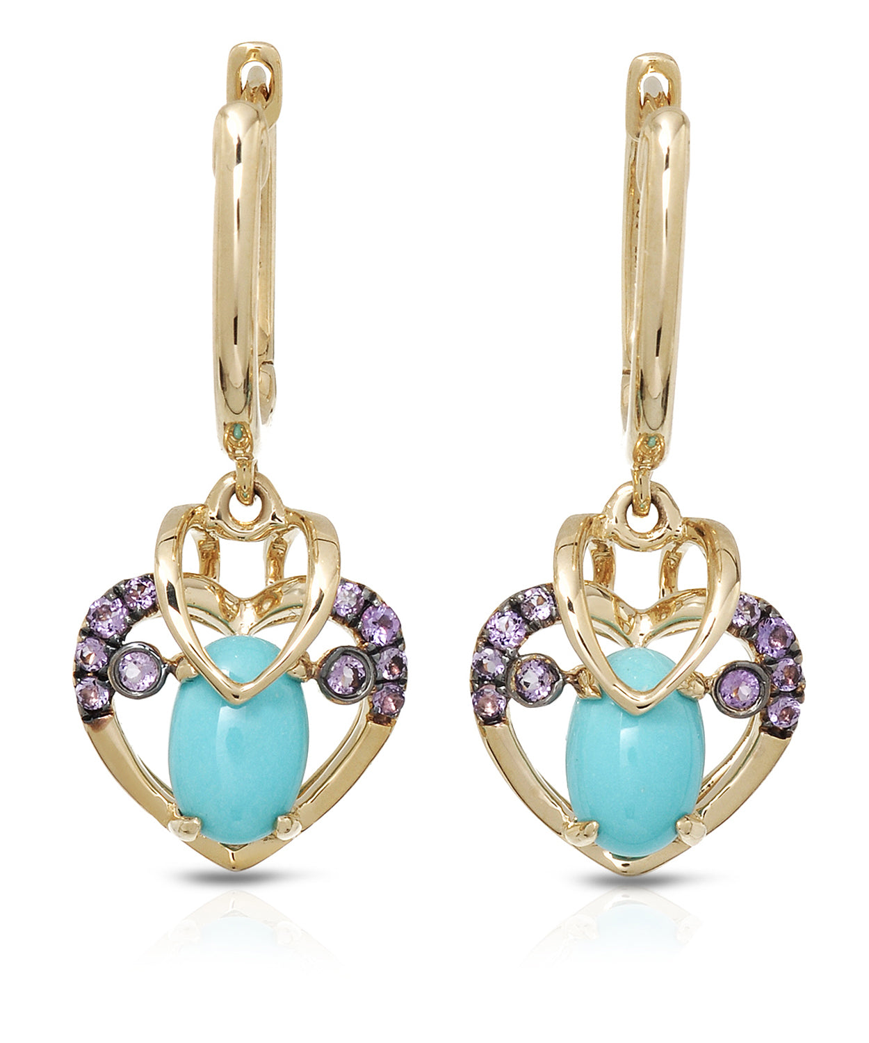 0.94 ctw Natural Turquoise and Amethyst 14k Gold Heart Dangle Earrings View 1