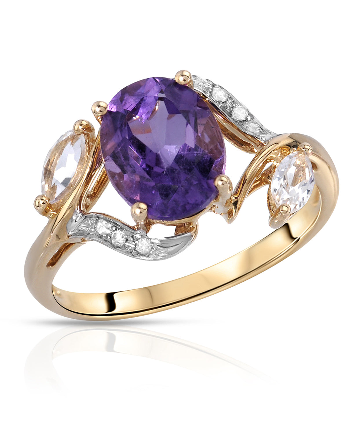 2.20 ctw Natural Amethyst, White Topaz and Diamond 14k Gold Right Hand Ring View 1