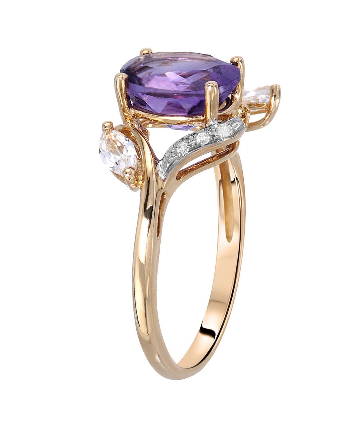 2.20 ctw Natural Amethyst, White Topaz and Diamond 14k Gold Right Hand Ring View 2