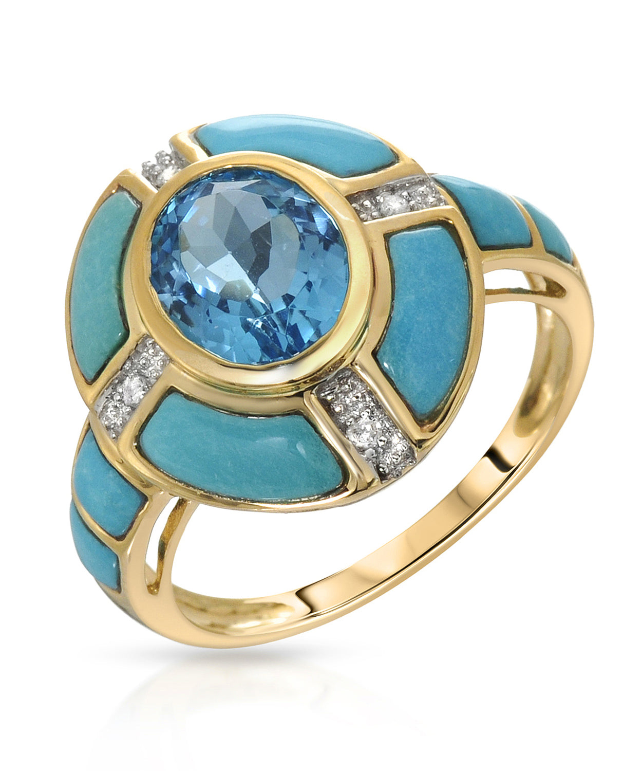 3.83 ctw Natural Sky Blue Topaz, Turquoise and Diamond 14k Gold Ring View 1