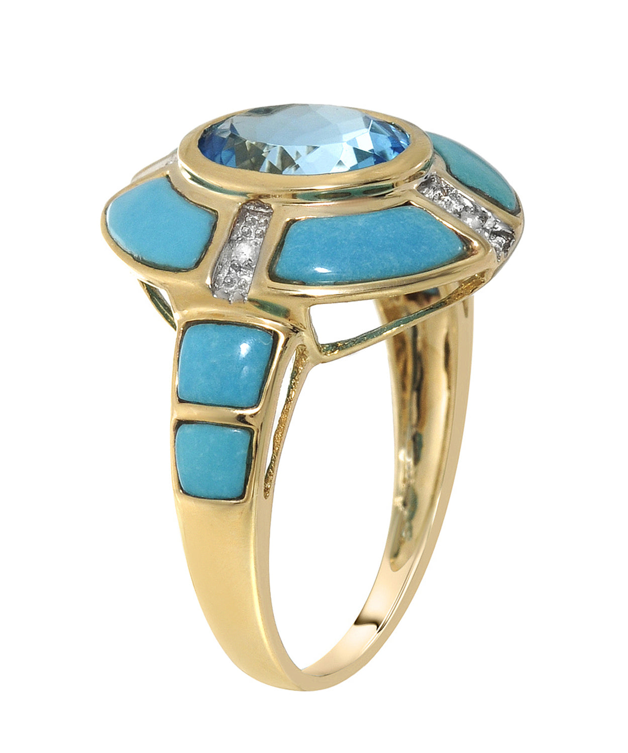3.83 ctw Natural Sky Blue Topaz, Turquoise and Diamond 14k Gold Ring View 2