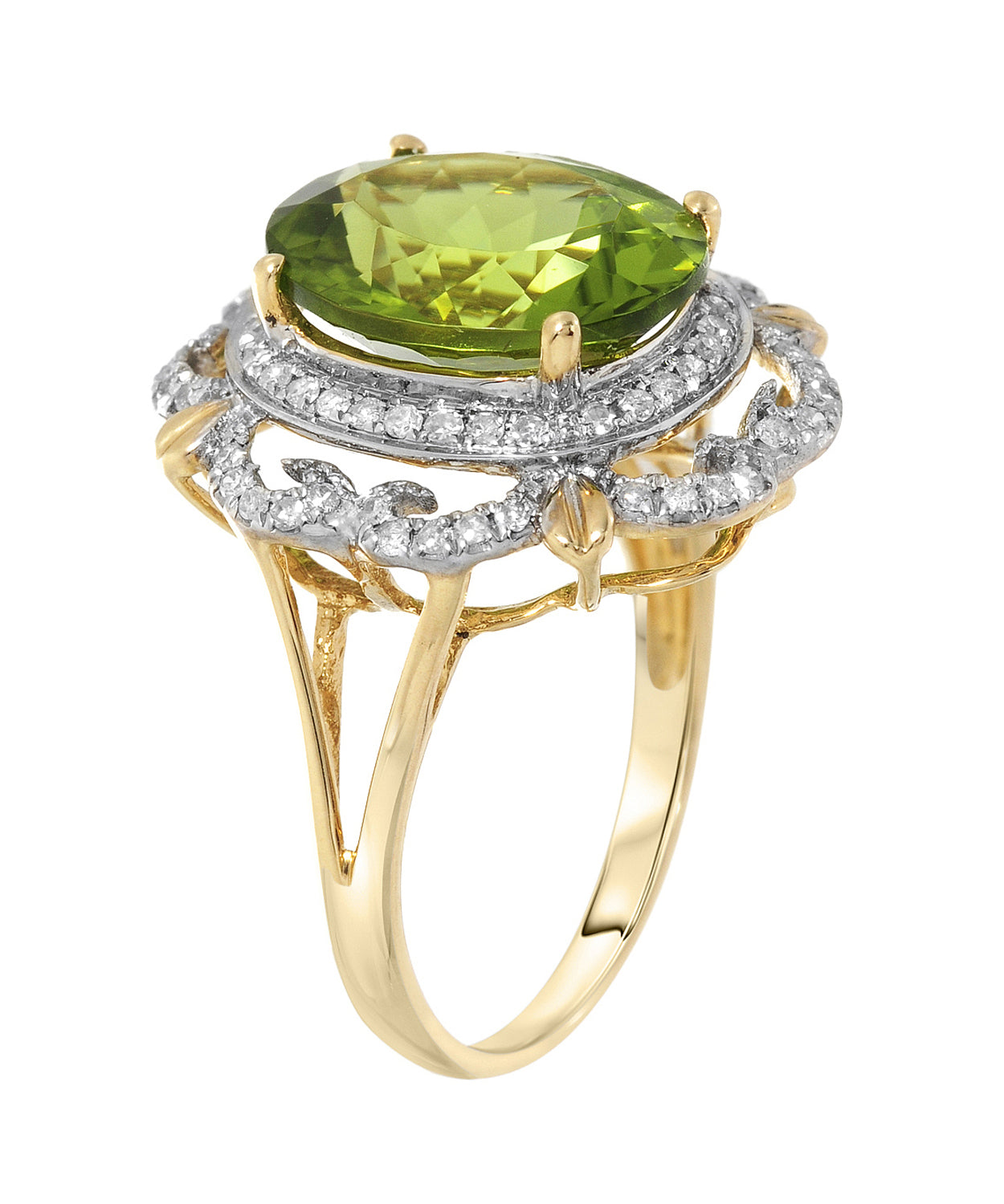 5.22 ctw Natural Lime Peridot and Diamond 14k Gold Halo Cocktail Ring View 2