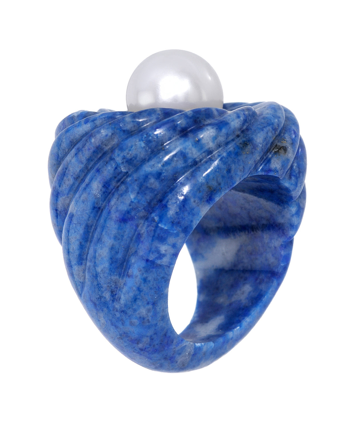 68.85 ctw Natural Freshwater Pearl and Blue Lapis Lazuli 14k Gold Bold Cocktail Ring View 2