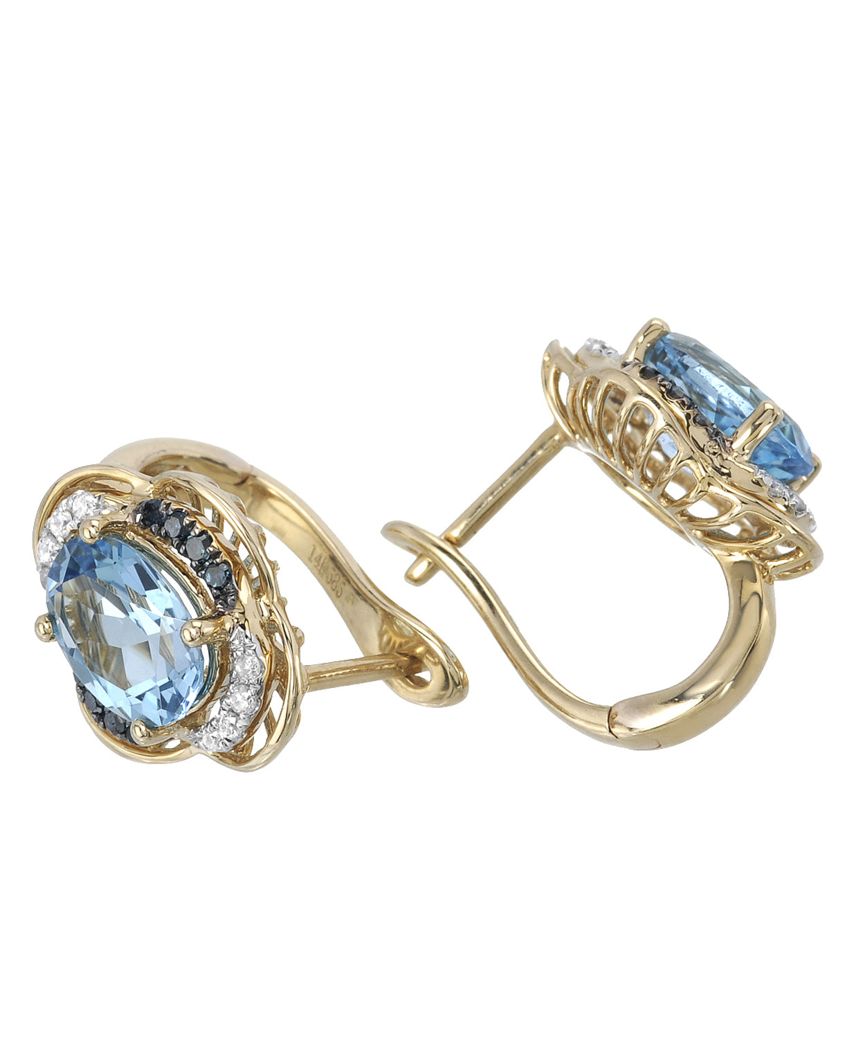 3.15 ctw Natural Sky Blue Topaz, Fancy Blue & White Diamonds 14k Yellow Gold Earrings View 2