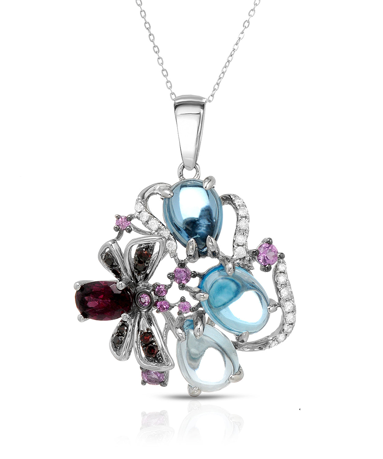 5.73 ctw Natural Sky Blue Topaz, Diamond, Rhodolite Garnet and Pink Sapphire 14k Gold Pendant With Chain View 1