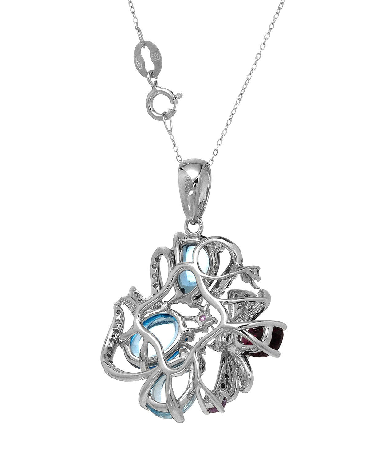 5.73 ctw Natural Sky Blue Topaz, Diamond, Rhodolite Garnet and Pink Sapphire 14k Gold Pendant With Chain View 2