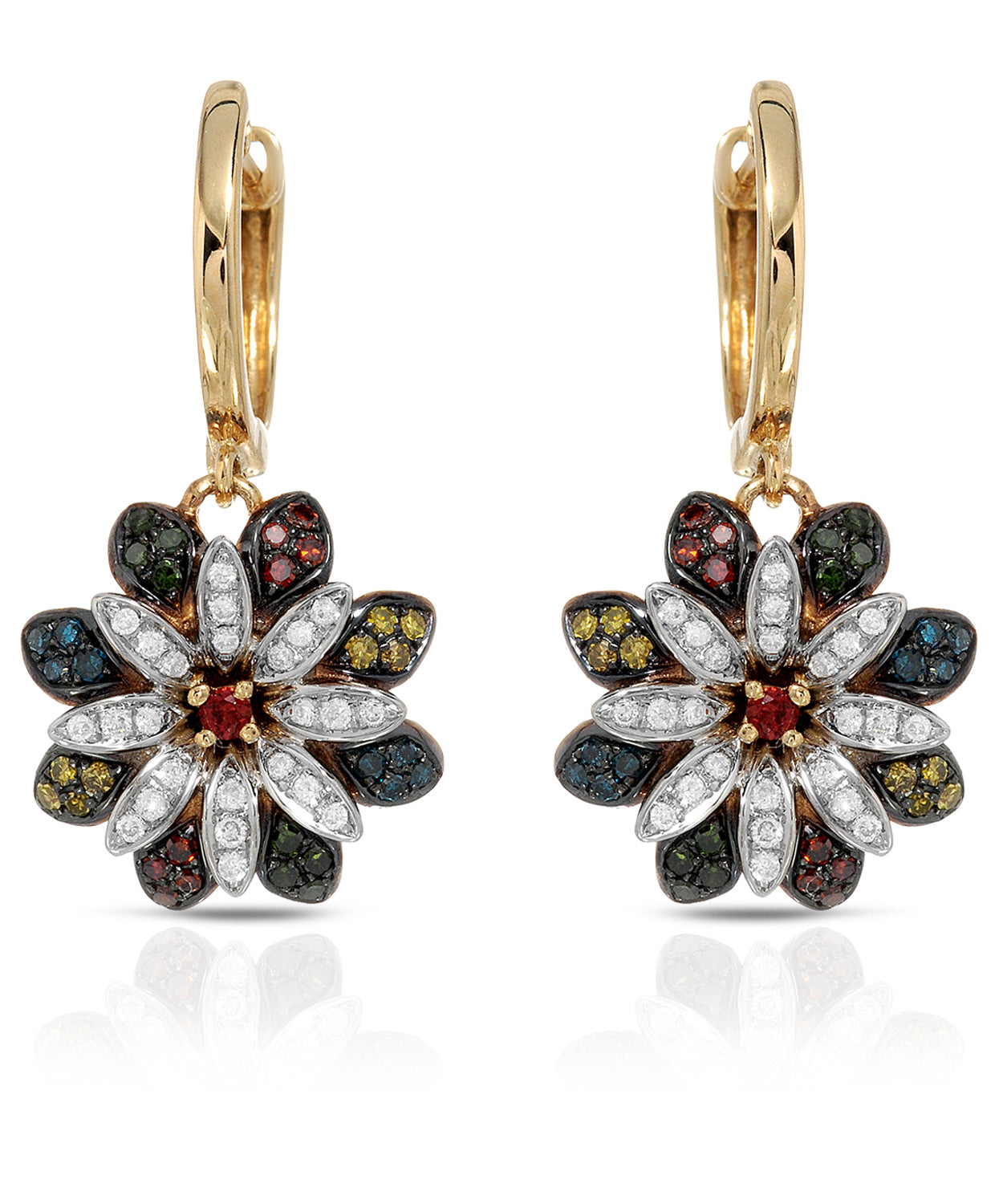 0.42 ctw Natural Spicy Red Garnet, Multicolor & White Diamonds 14k Gold Flower Dangle Earrings View 1
