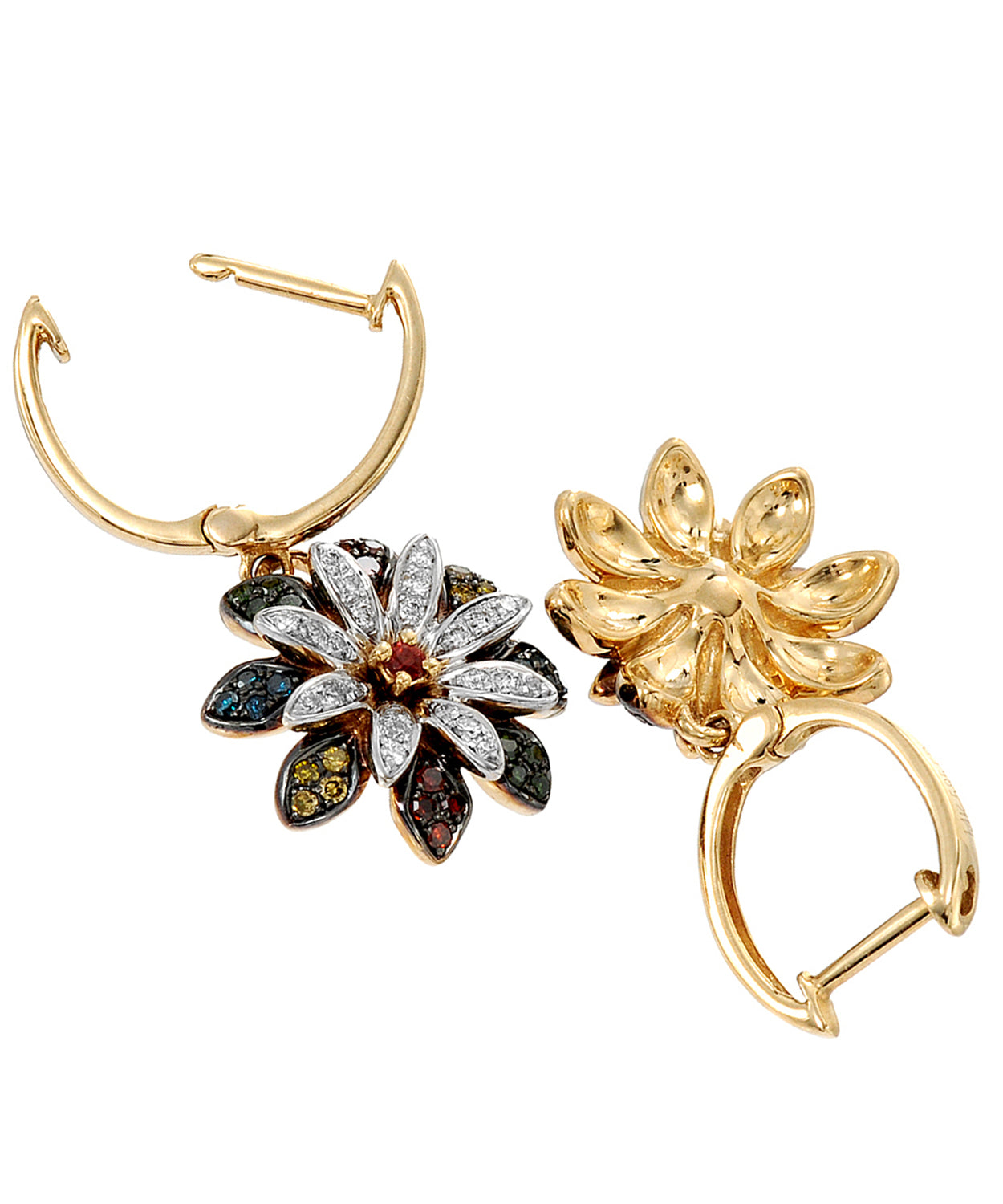 0.42 ctw Natural Spicy Red Garnet, Multicolor & White Diamonds 14k Gold Flower Dangle Earrings View 2