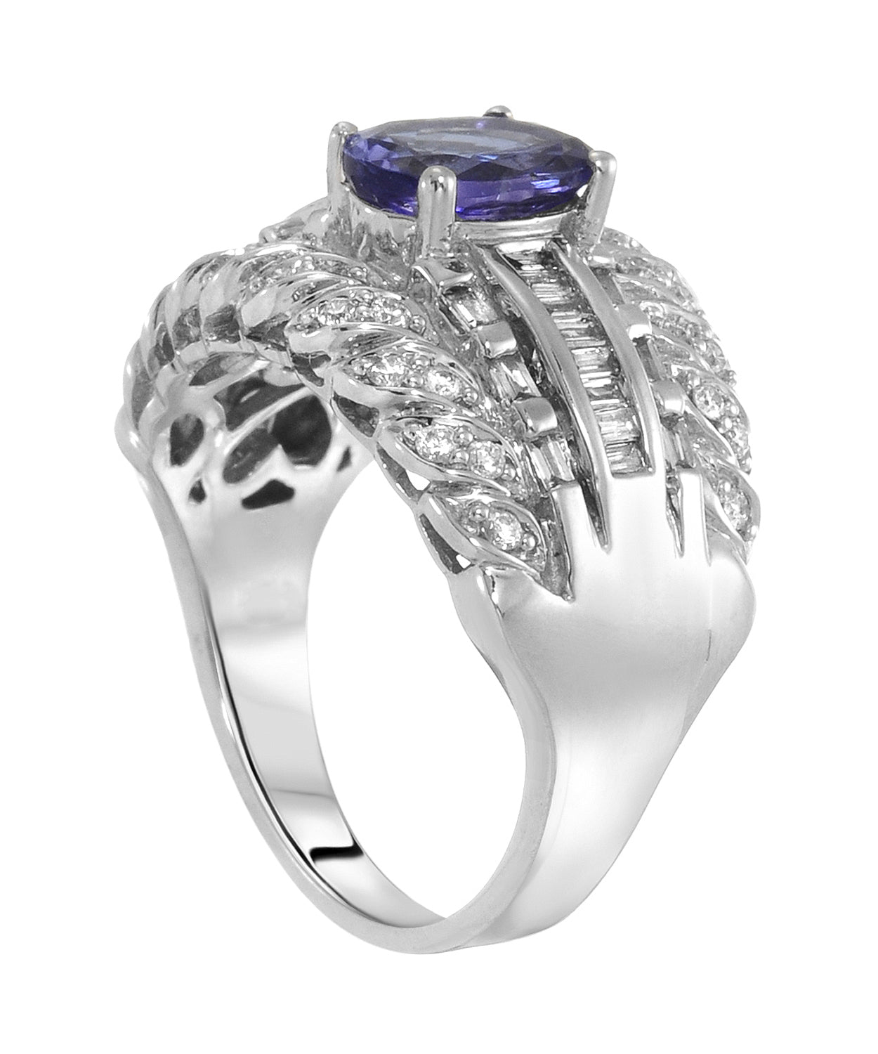 2.01 ctw Natural Tanzanite and Diamond 14k White Gold Statement Cocktail Ring View 2