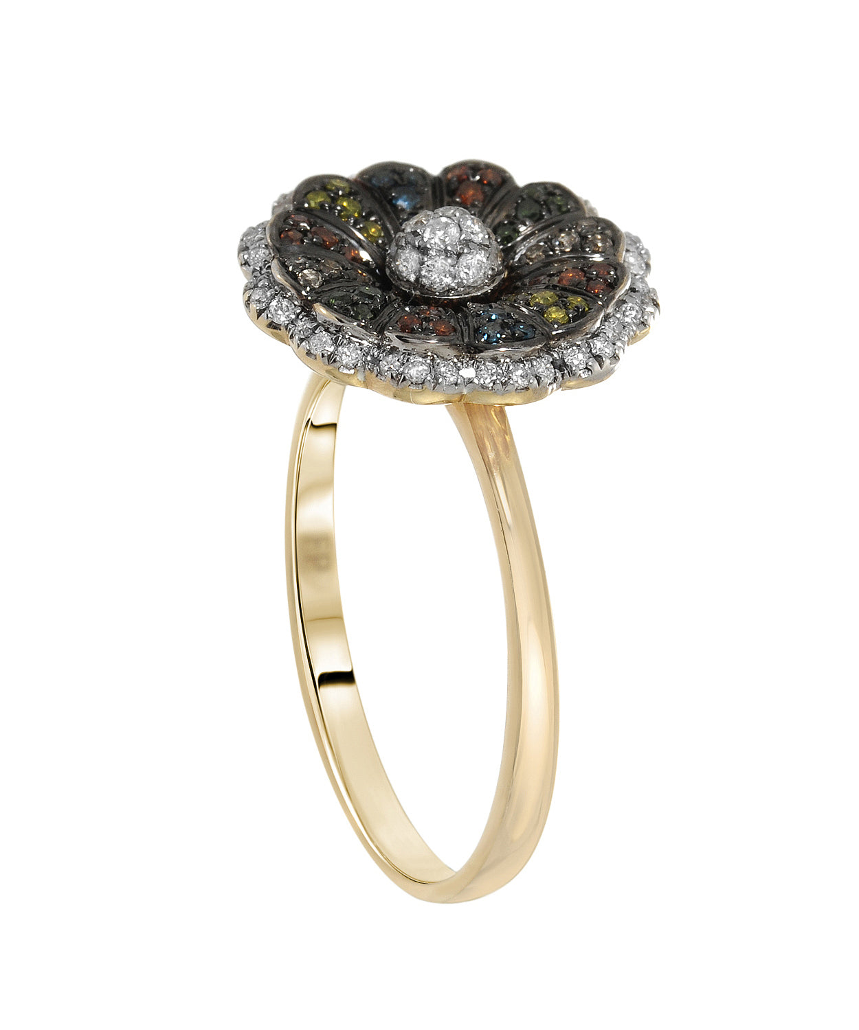 0.30 ctw Fancy Multicolor and White Diamonds 14k Yellow Gold Flower Ring View 2